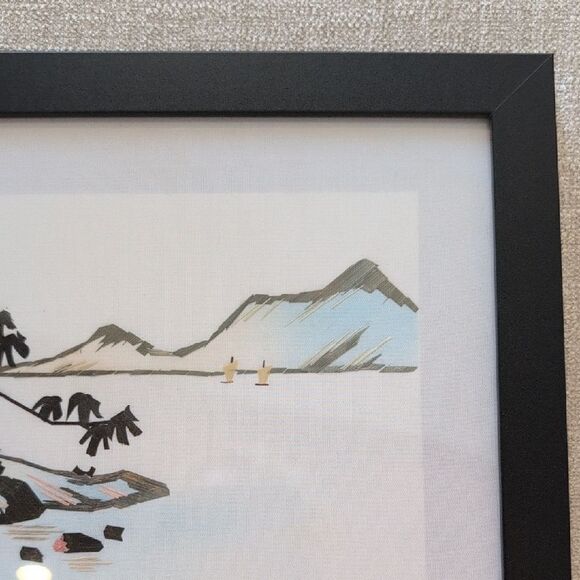 Framed Serene Coastal Scene Hand Cut Wheat Stalk Art on Silk - Picture 12 of 14